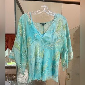 Lauren Ralph Lauren Aqua Paisley V-Neck Blouse